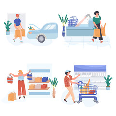 Shopping concept scenes set. Customers buy food in supermarket, woman choses new clothes, pays purchases at checkout. Collection of people activities. Illustration of characters in flat design