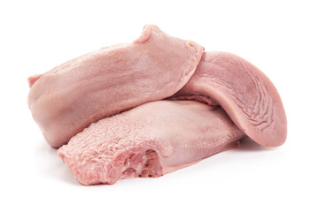 Raw pork tongue, close-up, isolated on white background.