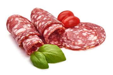 Sliced Milano salami, traditional dried sausage, jerked meat, isolated on white background.