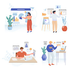 Business process concept scenes set. Team analysts research statistics, company data, financial strategy diagram. Collection of people activities. Illustration of characters in flat design