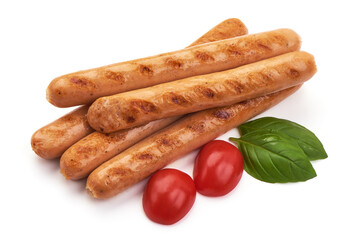 Grilled chicken hot dog sausages, close-up, isolated on white background.