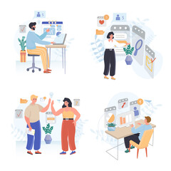 Business process concept scenes set. Analysts research statistics, company analytics, management, marketing strategy. Collection of people activities. Illustration of characters in flat design