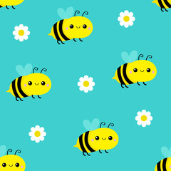 Flying bee honeybee bug. Daisy flower seamless pattern White chamomile icon. Cute plant collection. Growing concept. Wrapping paper textile template. Green background.