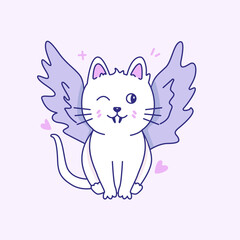 Witch cute cat with bat wings in Kawaii style. Elements for Halloween.