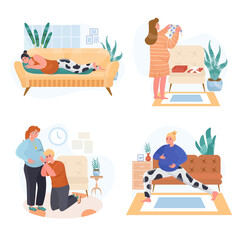 Pregnancy concept scenes set. Couple expecting child birth. Pregnant woman doing yoga asanas, preparation kid clothes. Collection of people activities. Illustration of characters in flat design