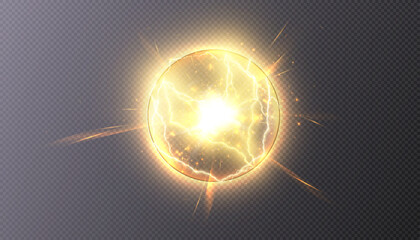 Light ball in plasma energy flow, vector electric lightning and light flashes. Magic bolt of lightning.