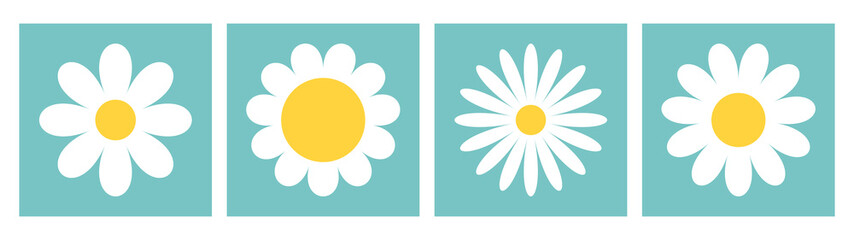 Fototapeta na wymiar Daisy chamomile set. White camomile icon. Cute flower plant. Love card. Cartoon kawaii funny collection. Growing concept. Flat design. Green background.