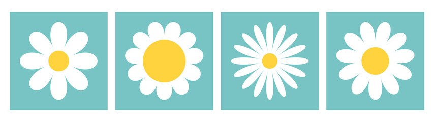 Daisy chamomile set. White camomile icon. Cute flower plant. Love card. Cartoon kawaii funny collection. Growing concept. Flat design. Green background.