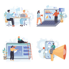 Digital marketing concept scenes set. Marketers team attracting customers, advertising campaign, business analytics. Collection of people activities. Illustration of characters in flat design