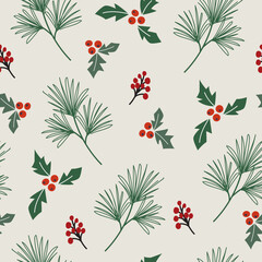 Christmas vector seamless pattern with fir branches and red berries on a light background.