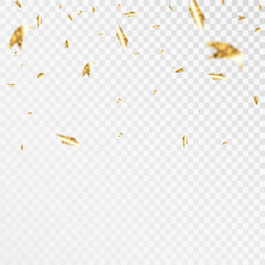 Falling golden bright confetti isolated on transparent background. Bright festive tinsel of gold color.