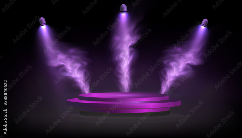 Poster Empty podium floating in the air with rays of falling purple light.Vector	
