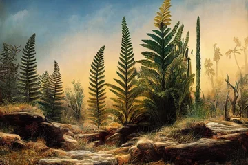 Keuken foto achterwand Prehistoric landscape of flora and fauna from triassic era © Nordiah