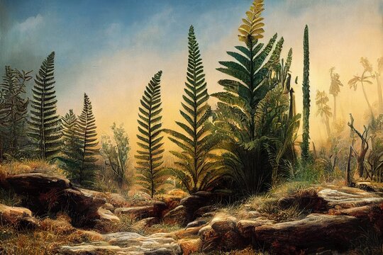 Prehistoric landscape of flora and fauna from triassic era