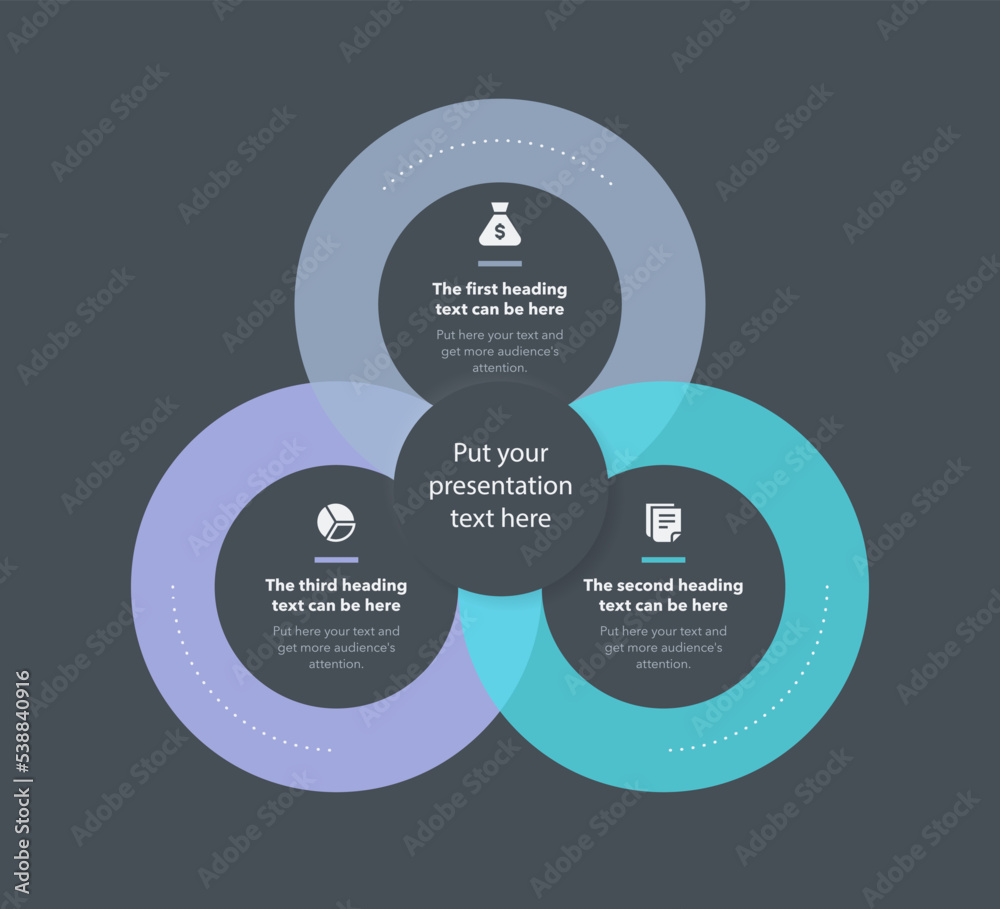 Aufkleber Simple business process template with three stages - dark version. Simple flat template for data visualization.