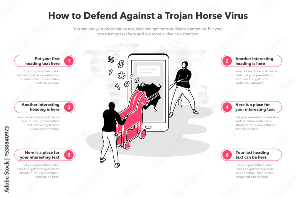 Aufkleber Simple infographic template for how to defend against a trojan horse virus. 6 stages template with a smartphone and two hackers as a main symbol.