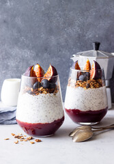 Chia pudding with figs, blueberries and granola. Healthy eating. Vegetarian food. Breakfast.