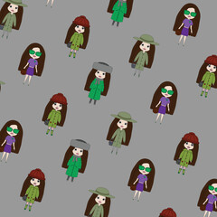 Fototapeta premium Cute little girls dressed for different seasons on a gray background. Girlish backgroundPerfect for little girl design
