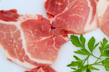 Raw Pork Slice in White Round Plate decorated with parsley. Fresh raw pork.