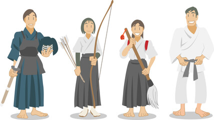 弓道、剣道、柔道、書道に励む若者たち