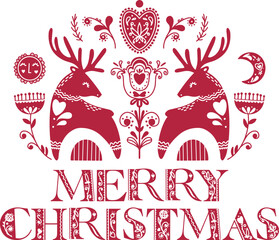 Merry Christmas vector illustrations. Winter folk ornaments. Scandinavian Christmas arrangement. Floral Christmas Ornaments. Folk ornament letters.