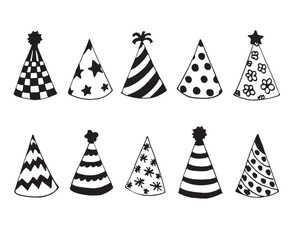 black and white doodle illustration of festive party hats