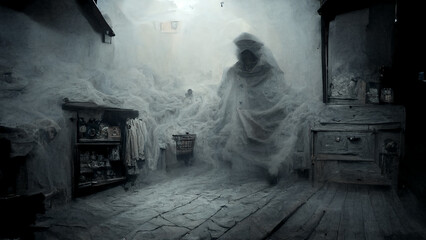 Scary ghost in dar, haunted attic. Digital art