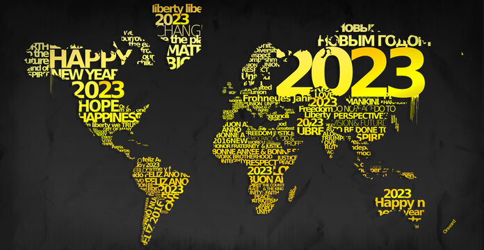 Bonne Ann&eacute;e 2023 nuage de mots tag cloud happy new year texte voeux jour de l'an carte du monde

