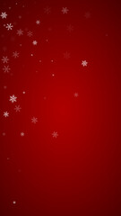 Beautiful snowfall christmas background. Subtle flying snow flakes and stars on christmas red background. Beautiful snowfall overlay template. Vertical vector illustration.