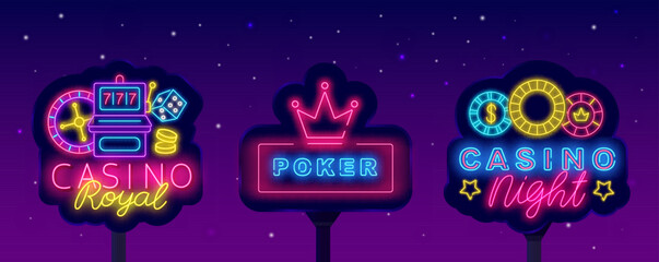 Casino neon street billboards collection. Poker emblem with crown. Casino royal with chips. Vector illustration