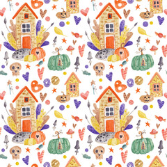 Naklejka premium Happy Halloween pattern seamless, autumn background, watercolor