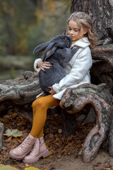 Toddler girl hugs a giant gray rabbit in the autumn forest. Concept love of nature and love for...