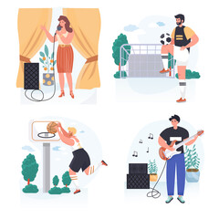 People do their favorite hobby concept scenes set. Woman singing in karaoke. Men play guitar, basketball or football. Collection of people activities. Illustration of characters in flat design