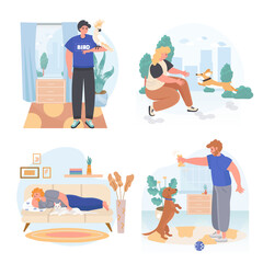 Obraz premium Pets with their owners concept scenes set. Man holds parrot, trains dog. Woman resting with cat or playing with puppy. Collection of people activities. Illustration of characters in flat design