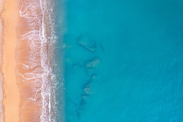 Background of sand beach of Side, Lara Belek, Turkey mediterranean sea aerial top view