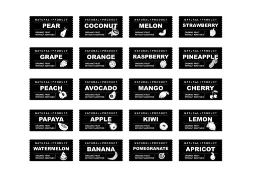 Fruits and berries abstract stickers and labels. Different color packaging for food preparing and culinary. Bags with fruit. mango, cherry, papaya, apple, banana organic product for selling vector set