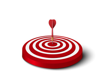Fototapeta na wymiar Close up of red dart hit to center of red dartboard on floor. Arrow on bullseye in target. Business success, investment goal, opportunity challenge, strategy, achievement project concept. 3d vector