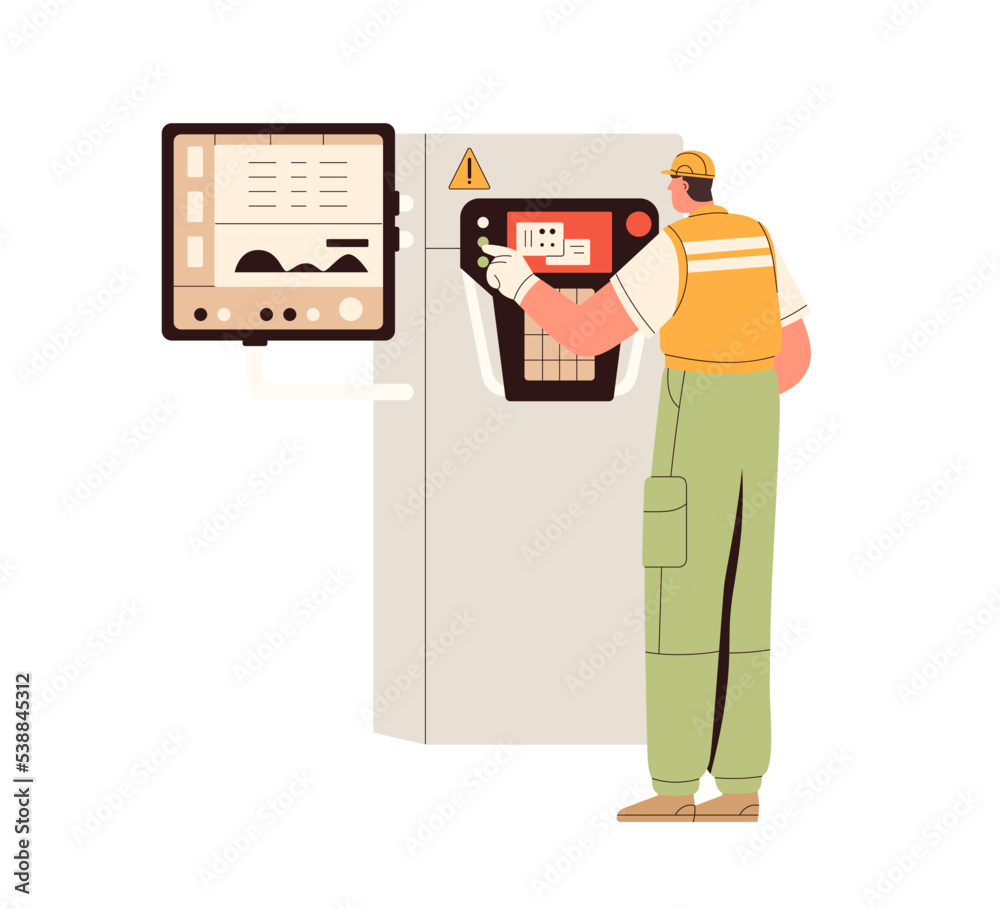 Poster smart industry worker controls production with modern machine, technology. factory engineer works wi