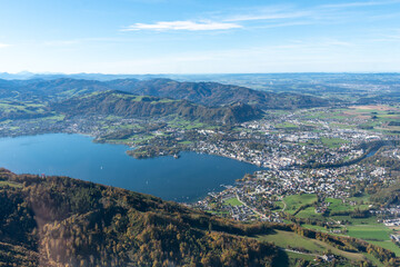 Fototapeta na wymiar aerial view of the city of Gmunden and the lake Traunsee in Upper Austria