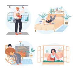 People lovers of literature with books concept scenes set. Women read in bed, at window, home. Men read in transport. Collection of human activities. Illustration of characters in flat design