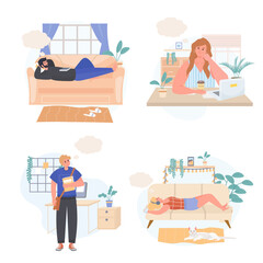 Dreaming people concept scenes set. Man relaxes on couch, thinks in room. Woman dreams at work, listens to music. Collection of human activities. Illustration of characters in flat design