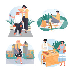 People use smartphones in different locations concept scenes set. Men and women with phones in salon, picnic, market. Collection of human activities. Illustration of characters in flat design