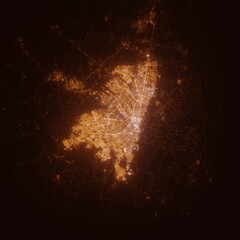 Bogota (Colombia) street lights map. Satellite view on modern city at night. Imitation of aerial view on roads network. 3d render