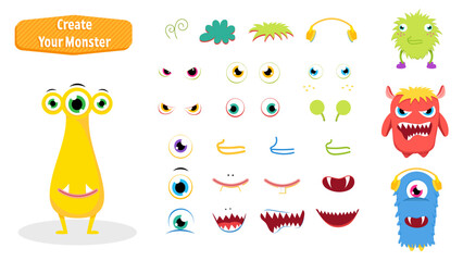 Colorful monster for halloween party in cartoon flat design. Funny and cute elements for create your own monster with creation kit isolated in white background. Good for kids decorative stickers. - obrazy, fototapety, plakaty