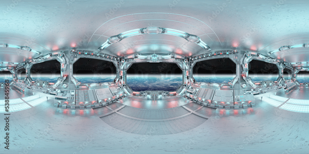 Poster HDRI panoramic view of white blue spaceship interior with windows. High resolution 360 degrees panorama reflection mapping of a futuristic spacecraft 3D rendering