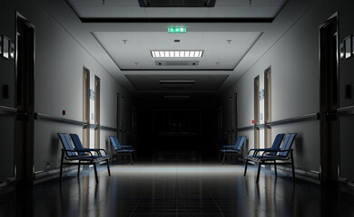 Long dark hospital corridor with rooms and seats 3D rendering. Empty accident and emergency interior with bright lights lighting the hall from the ceiling