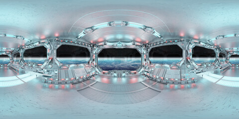 HDRI panoramic view of white blue spaceship interior with windows. High resolution 360 degrees panorama reflection mapping of a futuristic spacecraft 3D rendering © sdecoret