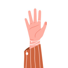 Female hand raised up, wearing jewelry accessories, palm side. Women rising arm with ring on index finger, bracelet on wrist and jacket cuff. Flat vector illustration isolated on white background