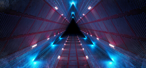 Futuristic interior corridor with blue pink neon lights walls. Triangle shaped spaceship background in space station. Pyramid style tunnel with lit path way. Cyber room with sci fi laser. 3d rendering © sdecoret