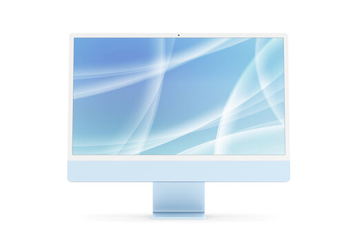 PARIS - France - April 28, 2022: Newly released Apple Imac 24 inch desktop computer, blue color, front view- 3d realistic rendering 4.5K Retina display screen mockup on white
